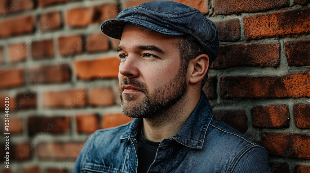 Portrait of a thoughtful young man with a beard wearing a denim jacket and a blue cap, leaning against a brick wall Portrait of a thoughtful young man with a beard wearing a denim jacket and a blue cap, leaning against a brick wall
