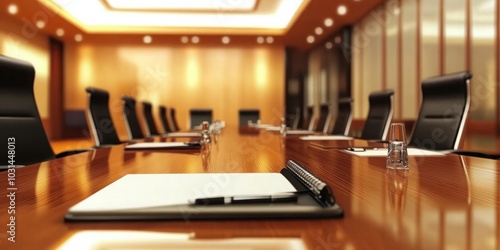 Wallpaper Mural Elegant Meeting Room Featuring a Large Wooden Table and Warm Lighting, Ideal for Professional Business Meetings and Corporate Events. Torontodigital.ca