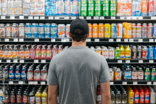 Man in Grey Shirt and Black Cap at Beverage Store, Rows of Colorful Drinks on Shelves in Background