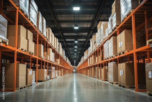 Large warehouse with orange metal shelves filled with cardboard boxes of various sizes and colors, ready for shipment. Industrial and organized.