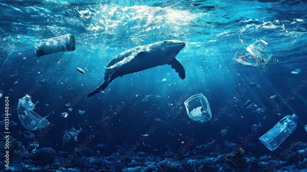 Fototapeta premium Humpback Whale Swimming in Polluted Ocean