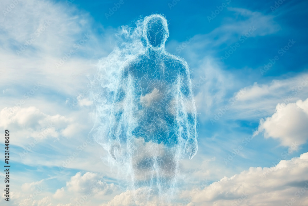 A digital human figure, made of glowing lines and particles, emerges against a backdrop of clouds A digital human figure, made of glowing lines and particles, emerges against a backdrop of clouds