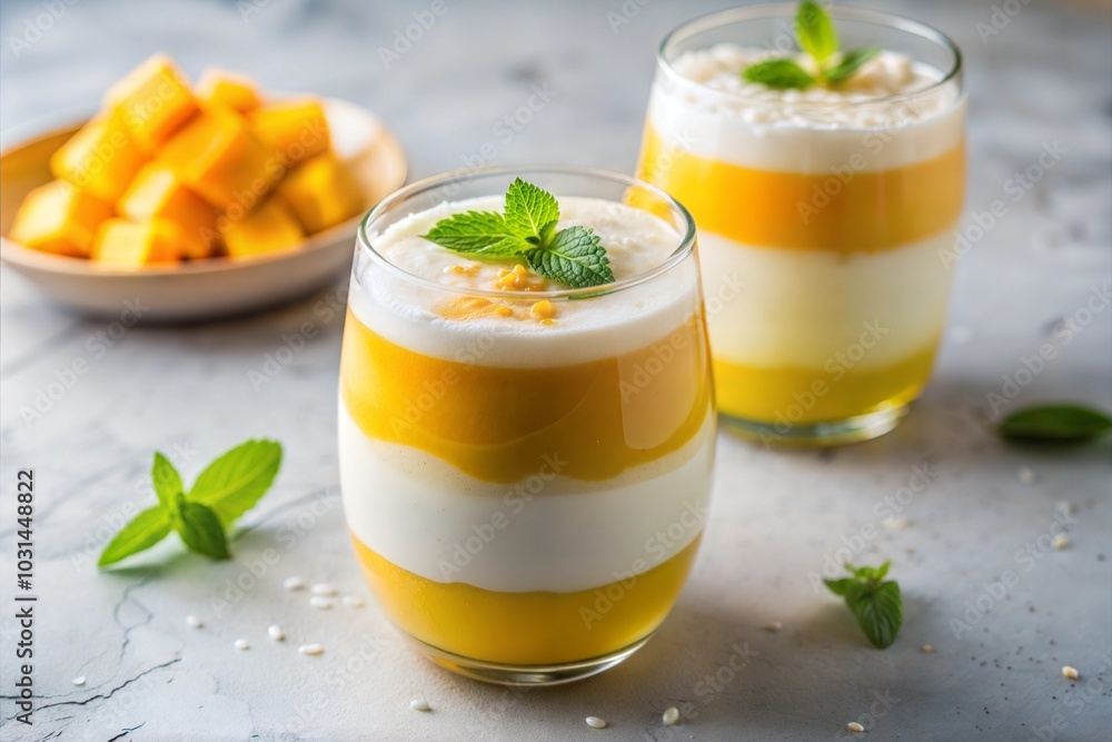 Layered mango smoothie dessert with mint garnish Layered mango smoothie dessert with mint garnish