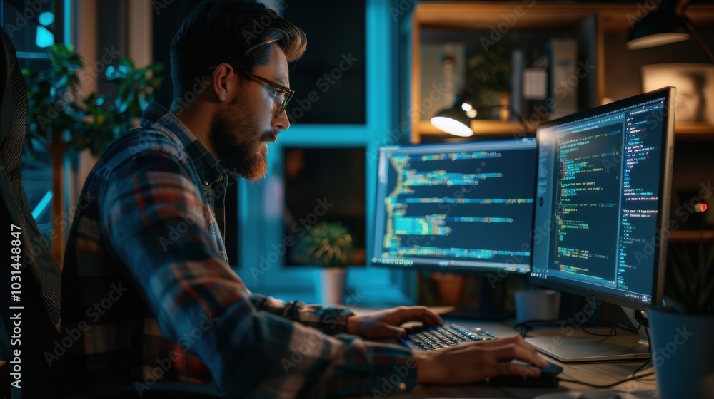 A man is sitting at a desk with two computer monitors in front of him A man is sitting at a desk with two computer monitors in front of him