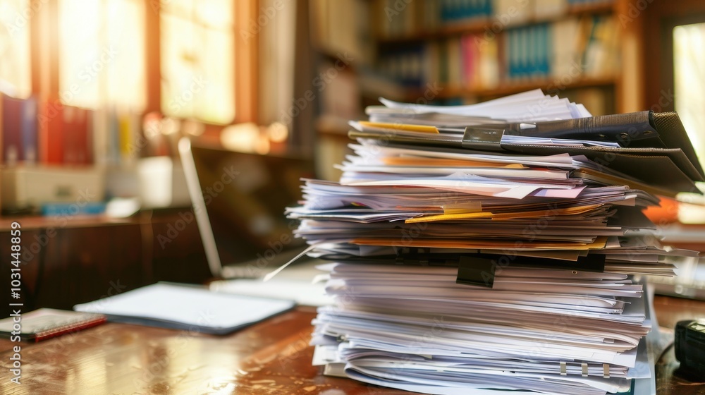 A pile of papers on a desk with a laptop and a bookcase in the background A pile of papers on a desk with a laptop and a bookcase in the background