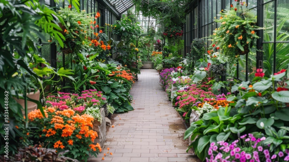 Fototapeta premium A long walkway with many plants and flowers