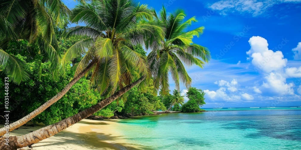Fototapeta premium Lush Tropical Island Featuring Palm Trees and Sandy Beach, Capturing the Essence of Island Paradise and Vacation Bliss in a Vibrant Tropical Scene.