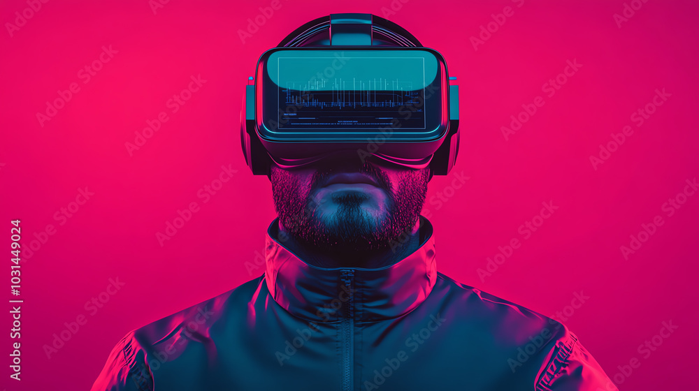 Person wearing VR headset, vibrant background Person wearing VR headset, vibrant background