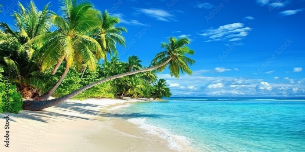 Lush Tropical Island Featuring Palm Trees and Sandy Beach, Capturing the Essence of Island Paradise and Vacation Bliss in a Vibrant Tropical Scene. Lush Tropical Island Featuring Palm Trees and Sandy Beach, Capturing the Essence of Island Paradise and Vacation Bliss in a Vibrant Tropical Scene.