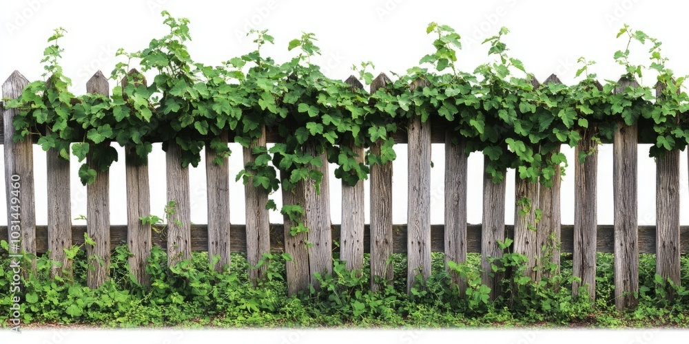 Naklejka premium Overgrown Wooden Fence Covered with Green Vines on White Background, Representing Nature Reclaiming Rustic Structures, Ideal for Gardening and Eco-Friendly Design Concepts.