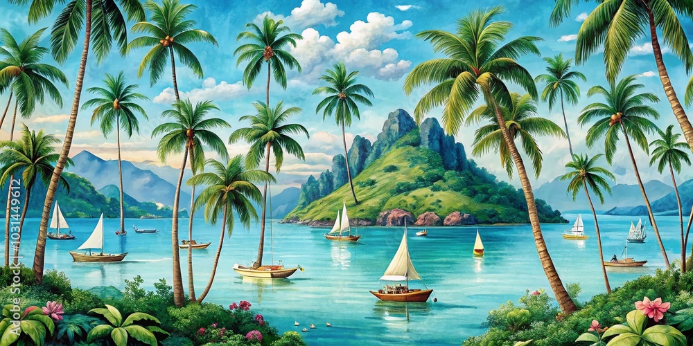Fototapeta premium Hawaiian Vintage Island Seamless Pattern with Palm Trees, Sea, and Boats - Aloha Summer Vibes