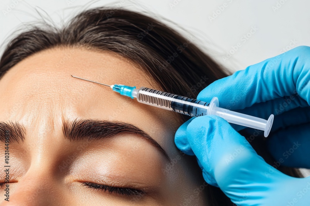 Close-up portrait of woman receiving Botox injection on her forehead in clinic, with eyes closed and dark hair. Close-up portrait of woman receiving Botox injection on her forehead in clinic, with eyes closed and dark hair.