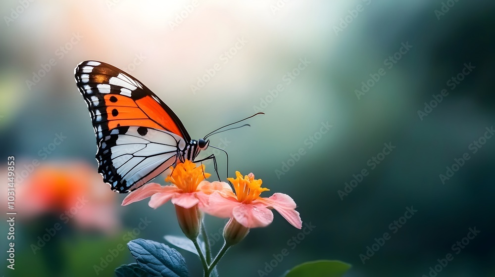 Fototapeta premium Macro photography of a delicate butterfly perching on a vibrant colorful flower showcasing the intricate and mesmerizing patterns of its wings in sharp focus
