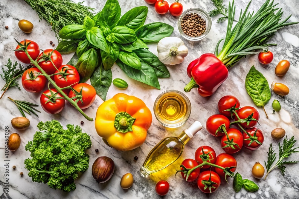 Healthy Cooking Ingredients Frame with Fresh Vegetables, Herbs, and Olive Oil for Culinary Inspiration Healthy Cooking Ingredients Frame with Fresh Vegetables, Herbs, and Olive Oil for Culinary Inspiration