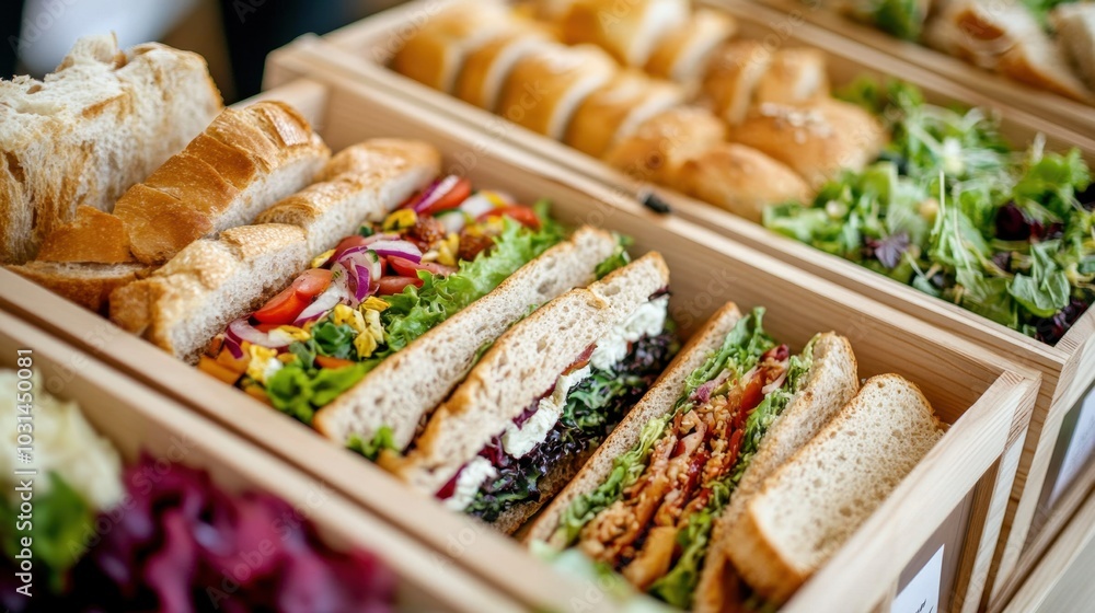 Sandwiches, salads, and bread neatly arranged on wooden boxes, ready for self-serve at a corporate tea event Sandwiches, salads, and bread neatly arranged on wooden boxes, ready for self-serve at a corporate tea event