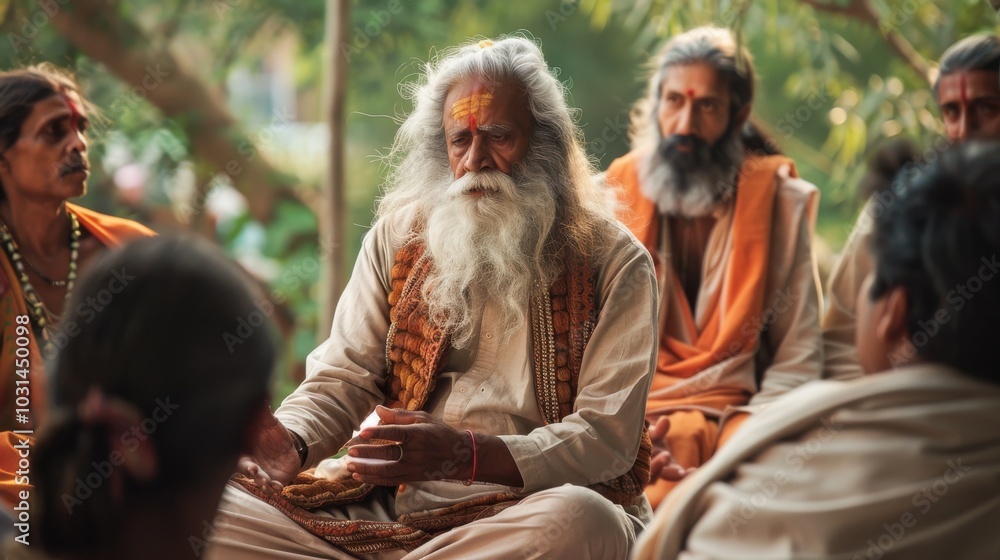 Fototapeta premium A man with long white hair sits in a circle with other men