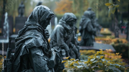 A statue of a soldier with a scarf on his head stands in front of a fountain