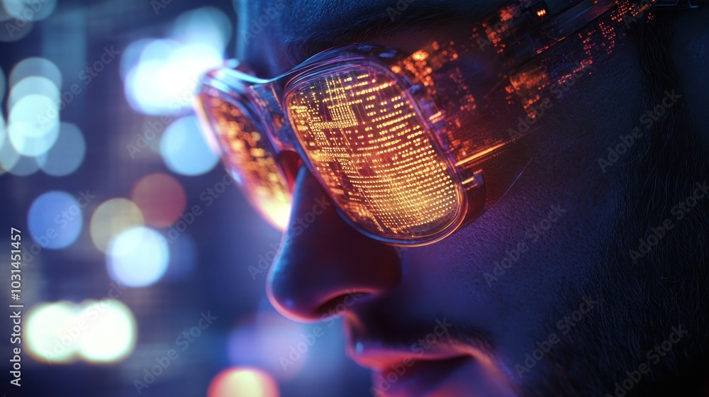 Cyberpunk Grid Closeup Perspective of a Man's Face with Glowing Digital Glasses AI generated image Cyberpunk Grid Closeup Perspective of a Man's Face with Glowing Digital Glasses AI generated image