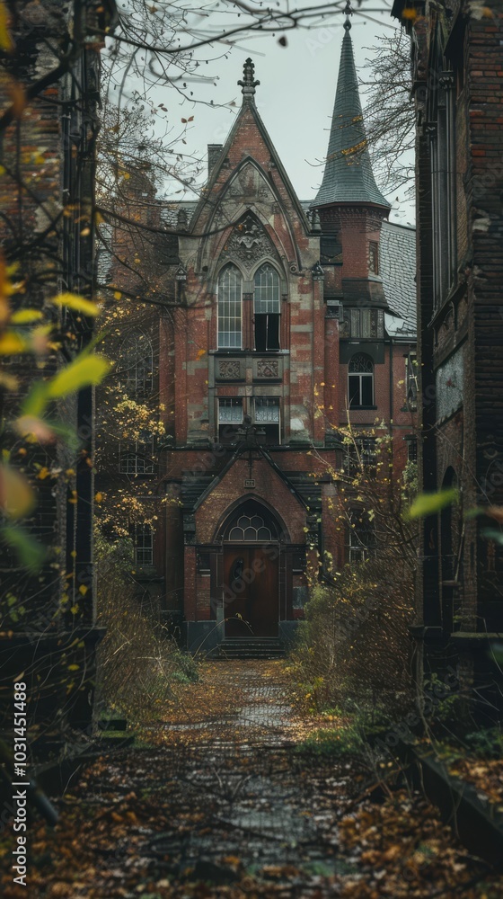 A large brick building with a steeple and a large archway A large brick building with a steeple and a large archway