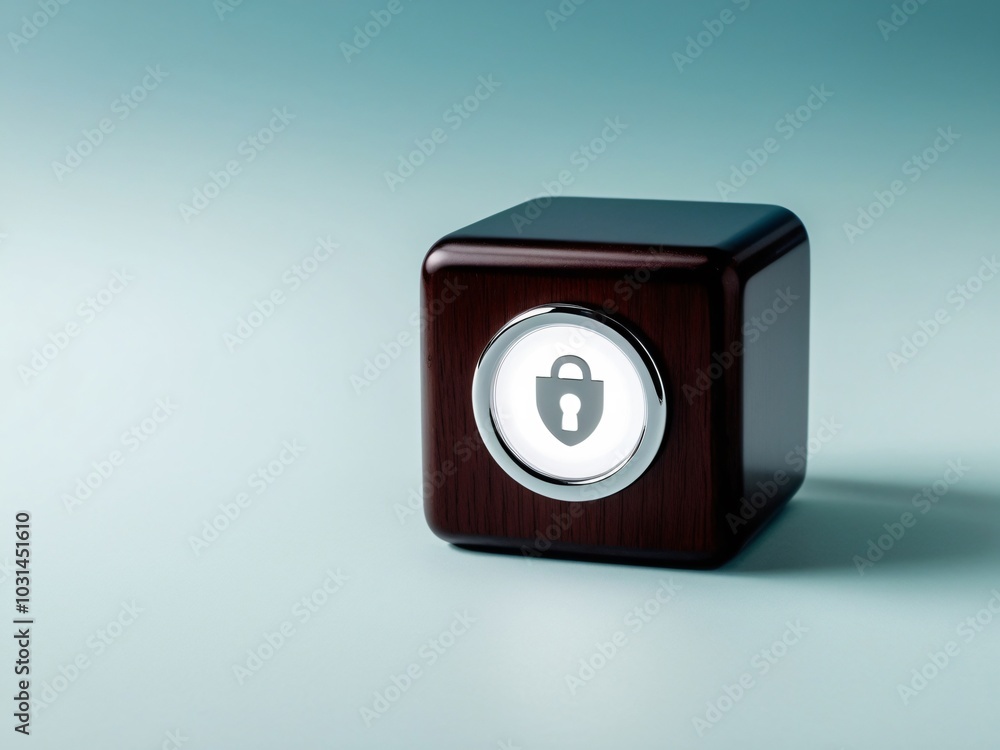Wooden cube with a security icon with light on it, isolated on pastel blue background with copy space, protections, privacy Wooden cube with a security icon with light on it, isolated on pastel blue background with copy space, protections, privacy