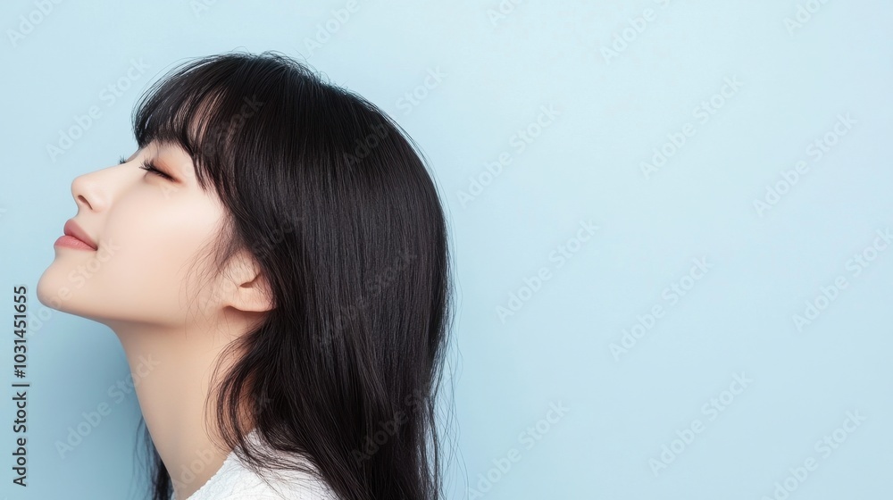 Naklejka premium Stunning Korean girl in white, with long black hair and soft bangs, profile shot against light blue background.