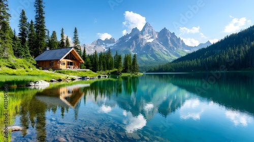 Peaceful mountain cabin nestled among towering pine trees its reflection perfectly mirrored in the crystal clear lake below