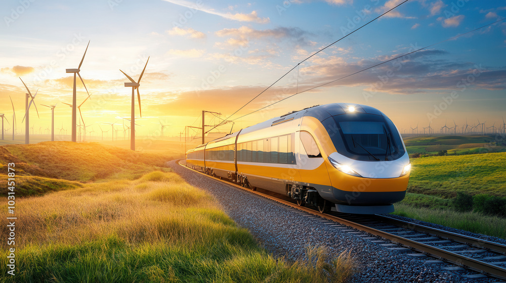 Fototapeta premium modern commuter train powered by wind turbines glides through scenic landscape at sunset, showcasing sustainable energy and transportation. vibrant colors of sky and lush fields create serene