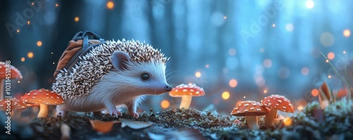 Hedgehogs are in a fantasy forest, giving off a sense of adventure. photo