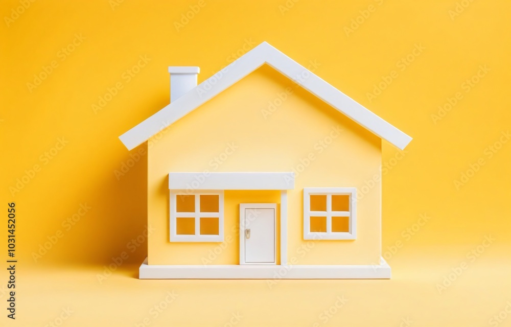A white-yellow home model, isolated on yellow background with copy space, Banner, Advertisement A white-yellow home model, isolated on yellow background with copy space, Banner, Advertisement