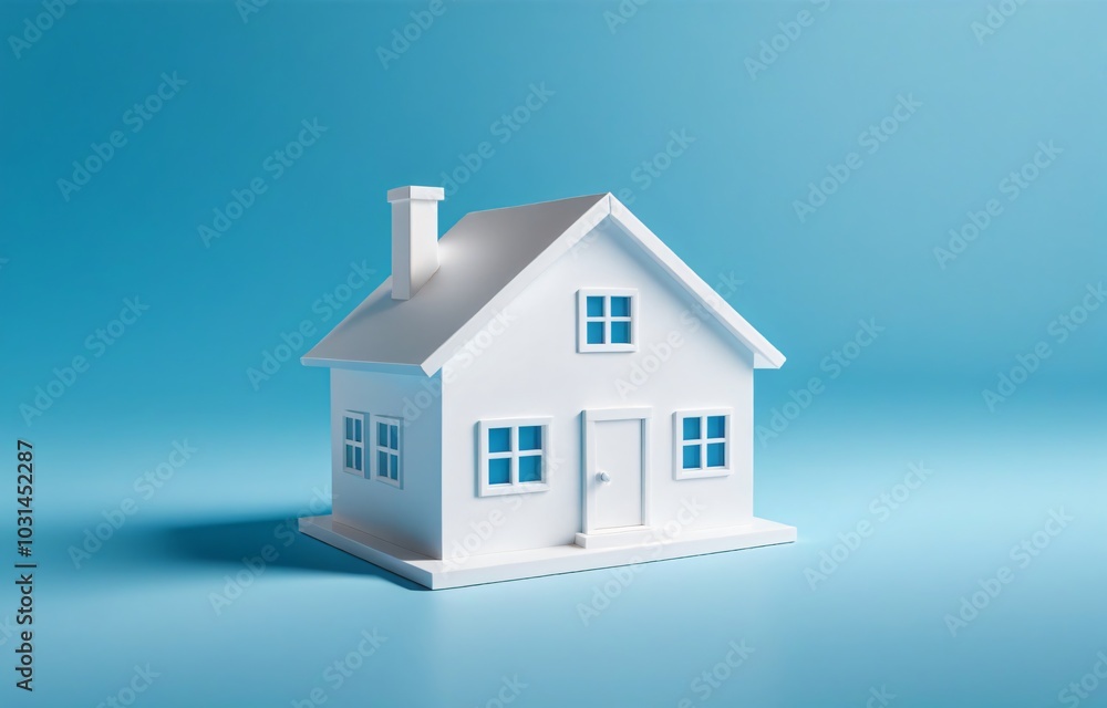 Minimal white home model, isolated on blue background, real estate concept, advertisement Minimal white home model, isolated on blue background, real estate concept, advertisement