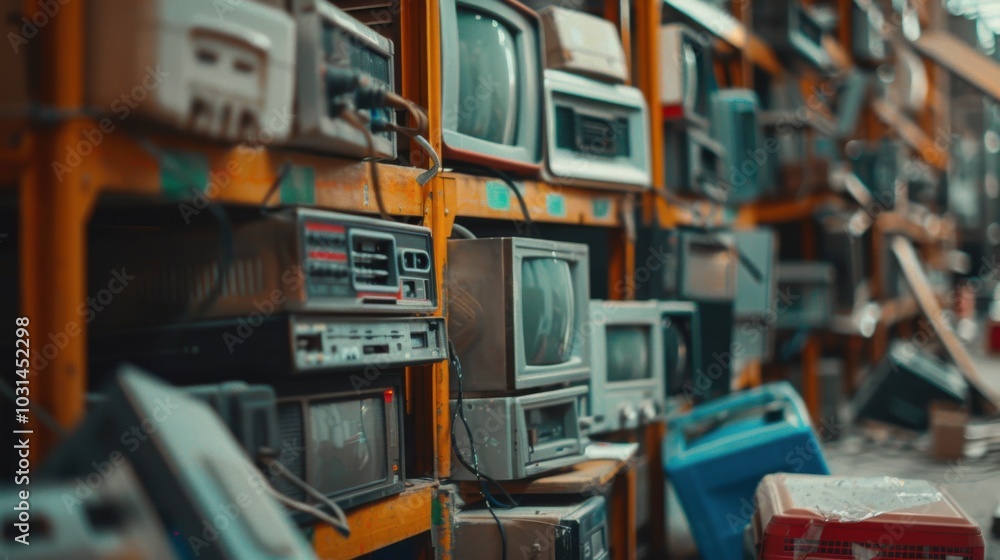 A bunch of old televisions and radios are stacked on shelves A bunch of old televisions and radios are stacked on shelves