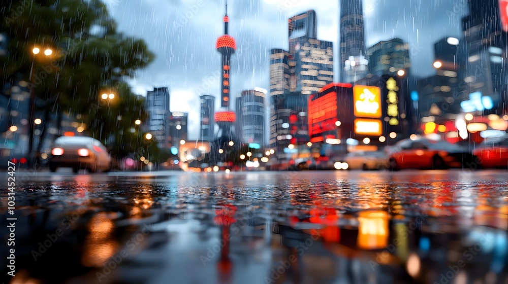 Fototapeta premium Futuristic cityscape at night featuring towering skyscrapers and glowing neon signs that are reflected on the wet streets creating a stunning and atmospheric urban landscape