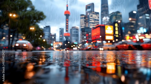 Futuristic cityscape at night featuring towering skyscrapers and glowing neon signs that are reflected on the wet streets creating a stunning and atmospheric urban landscape