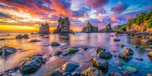 Heishi Rocks at Dawn - Serene Seascape of Kamome Island in Esashi, Hokkaido, Japan Captured in Tranquil Morning photo