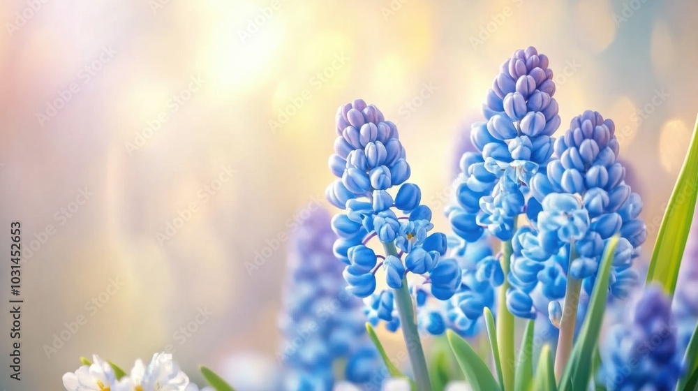 Vibrant blue spring flowers blooming in the foreground, their beauty enhanced by a soft, blurry background. Vibrant blue spring flowers blooming in the foreground, their beauty enhanced by a soft, blurry background.