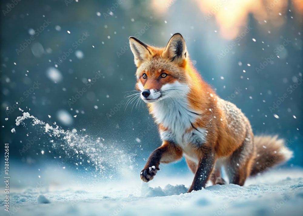 Obraz premium Hello Winter Horizontal Banner Featuring a Fox Running Through a Snowy Landscape in a Vibrant and Cheerful Design