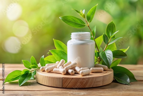 Herbal Vitamins Bottle Mockup on Wooden Podium with Green Leaves and Organic Pills for Healthy Lifestyle Promotion