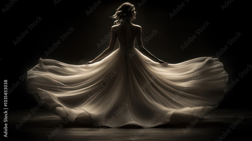 A graceful figure in a flowing dress, captured in soft light. A graceful figure in a flowing dress, captured in soft light.