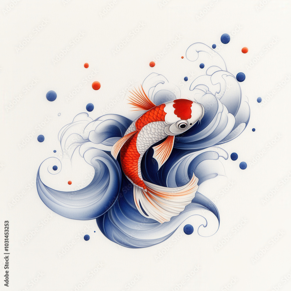 Obraz premium vibrant illustration of Japanese koi fish swimming gracefully through stylized waves, showcasing intricate details and harmonious color palette. dynamic movement of fish and waves evokes sense of