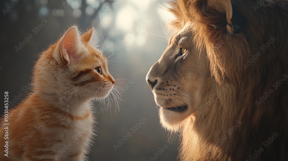 Fototapeta premium Cute kitten looking in mirror, sees elegant lion reflection, high-res, detailed, cinematic.