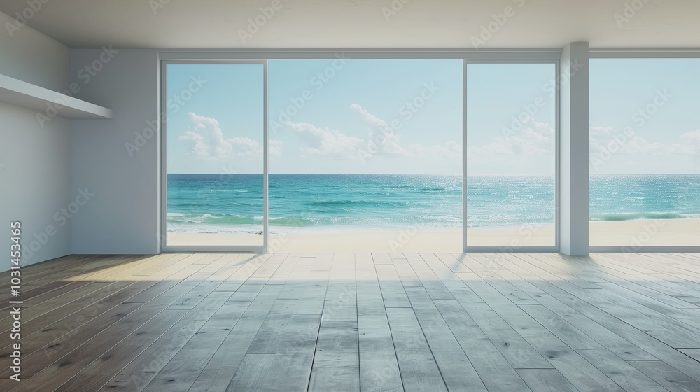 Obraz premium Big window open blue ocean view empty room parquet white wall