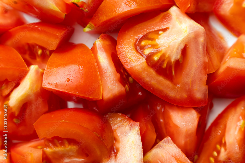 pile of fresh diced tomato, flat lay, background and texture pile of fresh diced tomato, flat lay, background and texture
