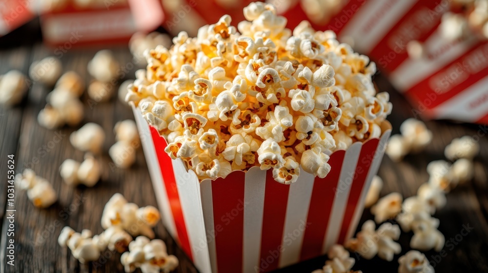 Popcorn spilling from a filled box next to classic cinema tickets anticipation of a movie night popcorn kernels scattered on a flat surface Popcorn spilling from a filled box next to classic cinema tickets anticipation of a movie night popcorn kernels scattered on a flat surface