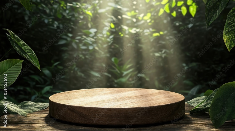 Wooden podium in a jungle setting, sunlight streaming through leaves, ideal for organic product presentations. Wooden podium in a jungle setting, sunlight streaming through leaves, ideal for organic product presentations.