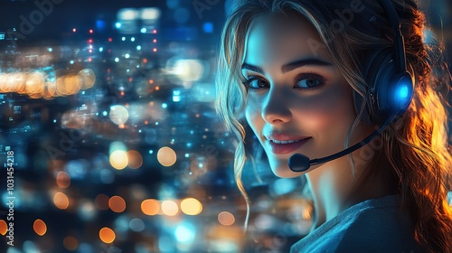 Woman with headset smiling in a vibrant city at night.