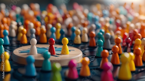 A vibrant assembly of colorful game pieces on a board, with a focus on a few central figures, symbolizing strategy and community interaction.