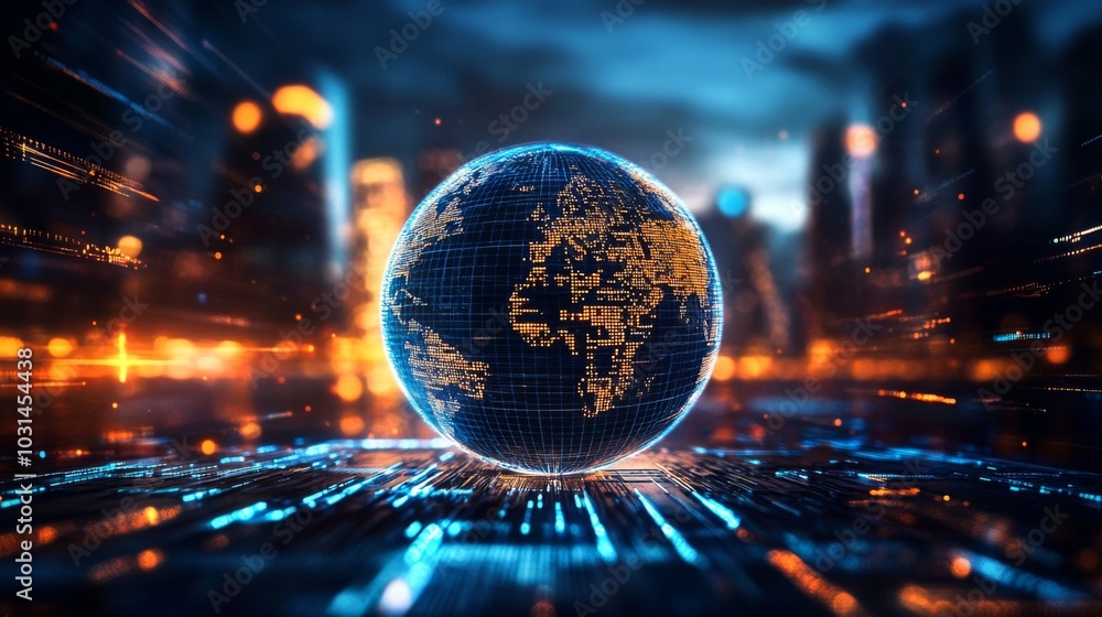 Globe with cityscape background illuminated by orange and blue lights, creating a futuristic technological atmosphere of global connectivity. Globe with cityscape background illuminated by orange and blue lights, creating a futuristic technological atmosphere of global connectivity.