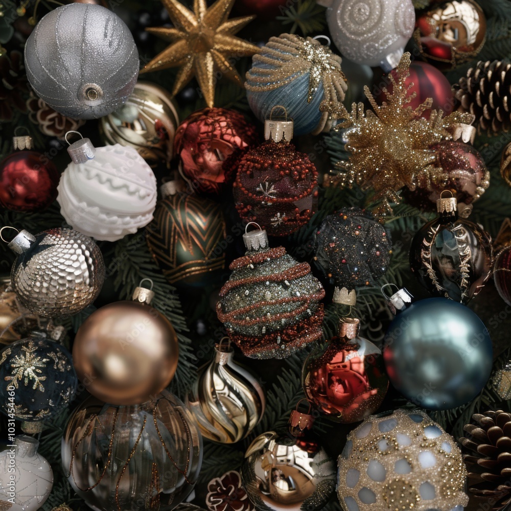 A Close-Up of Christmas Ornaments on a Pine Tree Branch A Close-Up of Christmas Ornaments on a Pine Tree Branch
