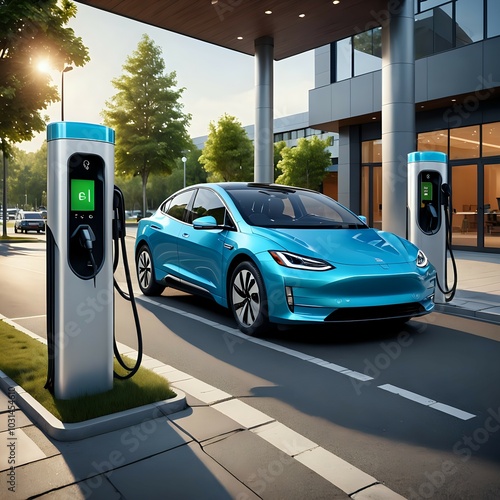 "Electric car charging at a modern EV station, showcasing sustainable and eco-friendly transportation technology." 