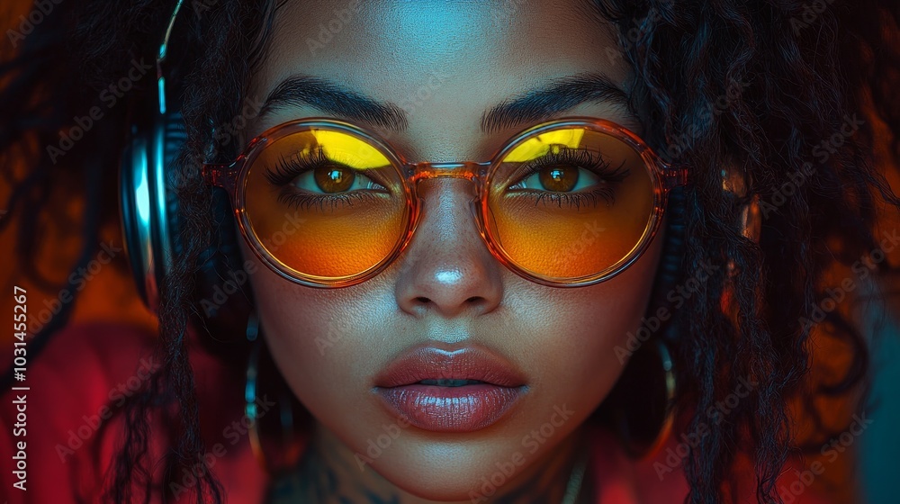 Obraz premium Stylish Mexican woman with curly hair, tattoos, sunglasses, headphones, jewelry, holding a microphone, embodying a mix of hood and hippie